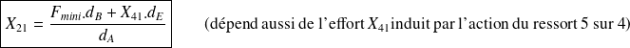 \boxed{X_{21} = \frac {F_{mini}.d_B+ X_{41}.d_E}{d_A}} \quad \quad (\text{dépend aussi de l'effort }X_{41} \text{induit par l'action du ressort 5 sur 4})