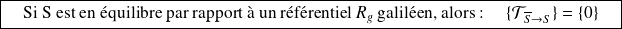 \boxed{ \quad \text{Si S est en équilibre par rapport à un référentiel } R_g \text{ galiléen, alors : } \quad \{ \mathcal T_{\overline S \rightarrow S} \} = \{0\} \quad }