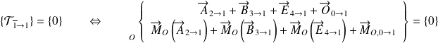\begin{array}{c} \{ \mathcal T_{\overline 1 \rightarrow 1} \}= \{0\} \quad \quad \Leftrightarrow \quad \quad {\vphantom{\left\{\begin{array}{ccc}\overrightarrow{R_{2\rightarrow 1}} \\\overrightarrow{M_{A} (2\rightarrow 1)}\end{array}\right\}}} _{O} \left \{ \begin{array}{c} \overrightarrow{A}_{2 \rightarrow 1 } +\overrightarrow{B}_{3 \rightarrow 1 } +\overrightarrow{E}_{4 \rightarrow 1 } +\overrightarrow{O}_{0 \rightarrow 1 } \\ \overrightarrow{M}_{O}\left( \overrightarrow{A}_{2 \rightarrow 1 }\right)+\overrightarrow{M}_{O}\left( \overrightarrow{B}_{3 \rightarrow 1 }\right)+\overrightarrow{M}_{O}\left( \overrightarrow{E}_{4 \rightarrow 1 }\right)+\overrightarrow{M}_{O, 0\rightarrow 1 } \end{array} \right \} = \{0\} \end{array}