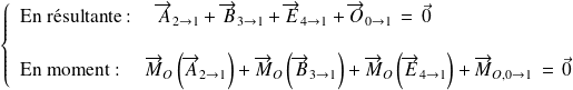 \left\{ \begin{array}{l} \text{En résultante : } \quad \overrightarrow{A}_{2 \rightarrow 1 } +\overrightarrow{B}_{3 \rightarrow 1 } +\overrightarrow{E}_{4 \rightarrow 1 } +\overrightarrow{O}_{0 \rightarrow 1 }\, = \, \vec0 \\ \\ \text{En moment : }\quad \overrightarrow{M}_{O}\left( \overrightarrow{A}_{2 \rightarrow 1 }\right)+\overrightarrow{M}_{O}\left( \overrightarrow{B}_{3 \rightarrow 1 }\right)+\overrightarrow{M}_{O}\left( \overrightarrow{E}_{4 \rightarrow 1 }\right)+\overrightarrow{M}_{O, 0\rightarrow 1 }\, = \, \vec0 \end{array} \right.