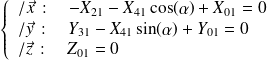 \left\{ \begin{array}{l} /\vec x\, :\quad-X_{21}-X_{41}\cos(\alpha) +X_{01} =0 \\ /\vec y\, :\quad Y_{31}-X_{41}\sin(\alpha)+Y_{01}=0 \\ /\vec z\, :\quad Z_{01} =0 \end{array} \right.