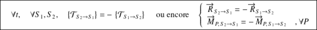 \boxed{\quad \forall t, \quad \forall S_1, S_2, \quad \left \{ \mathcal T_{S_2 \rightarrow S_1} \right \} = -\, \left \{ \mathcal T_{S_1 \rightarrow S_2}\right \} \quad \text{ ou encore} \quad \left\{ \begin{array}{l} \overrightarrow R_{S_2 \rightarrow S_1}=- \,\overrightarrow R_{S_1 \rightarrow S_2} \\ \overrightarrow M_{P, \, S_2 \rightarrow S_1}=- \,\overrightarrow M_{P, \,S_1 \rightarrow S_2} \quad , \forall P \end{array} \right. }