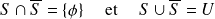 S \cap \overline S = \{\phi\} \quad \text{ et } \quad S \cup \overline S = U
